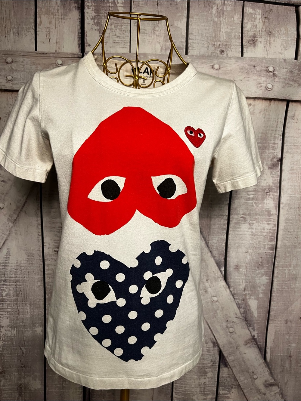 Comme des Garcons White Tee with Red and Navy Heart Graphics